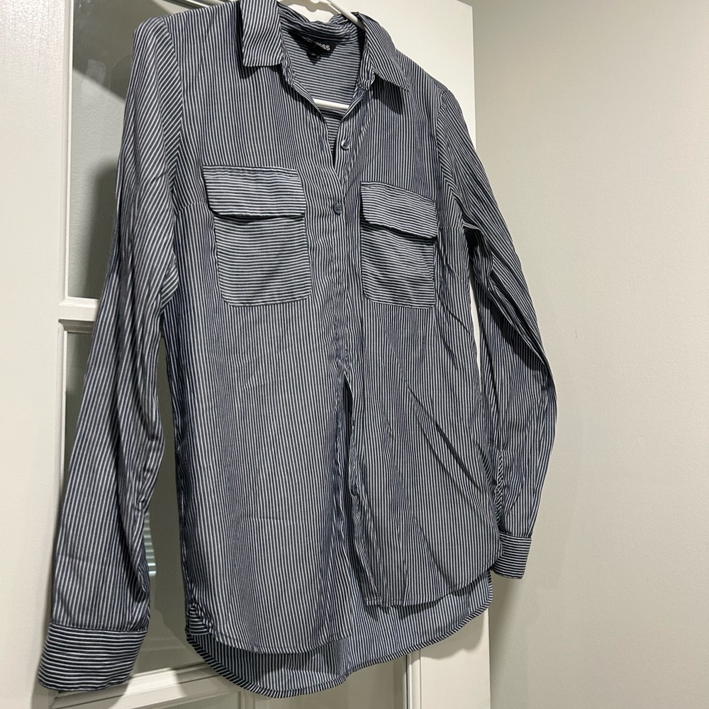 Women's Express Striped Button-Up Shirt Jacket - Navy/White XS